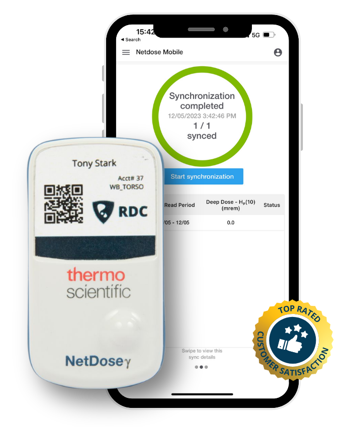 A photograph of the NetDose Digital Dosimeter and mobile application next to a badge noting "top rated customer satisfaction".