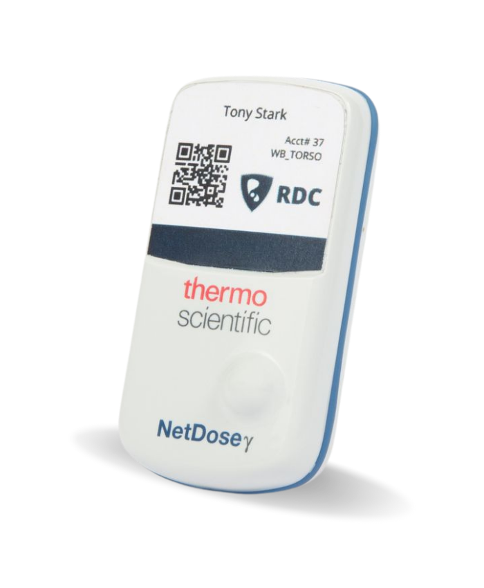 An image of the NetDose Digital Dosimeter with the RDC logo and thermo scientific logos on it. 